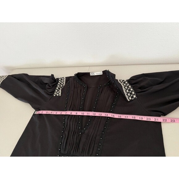 Zara Embroidered Blouse Women Size M Boho Peasant Chic Black Top - Picture 5 of 5